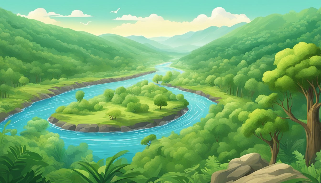 A lush green forest with clear blue skies, a flowing river, and diverse wildlife, contrasting with a barren, polluted landscape