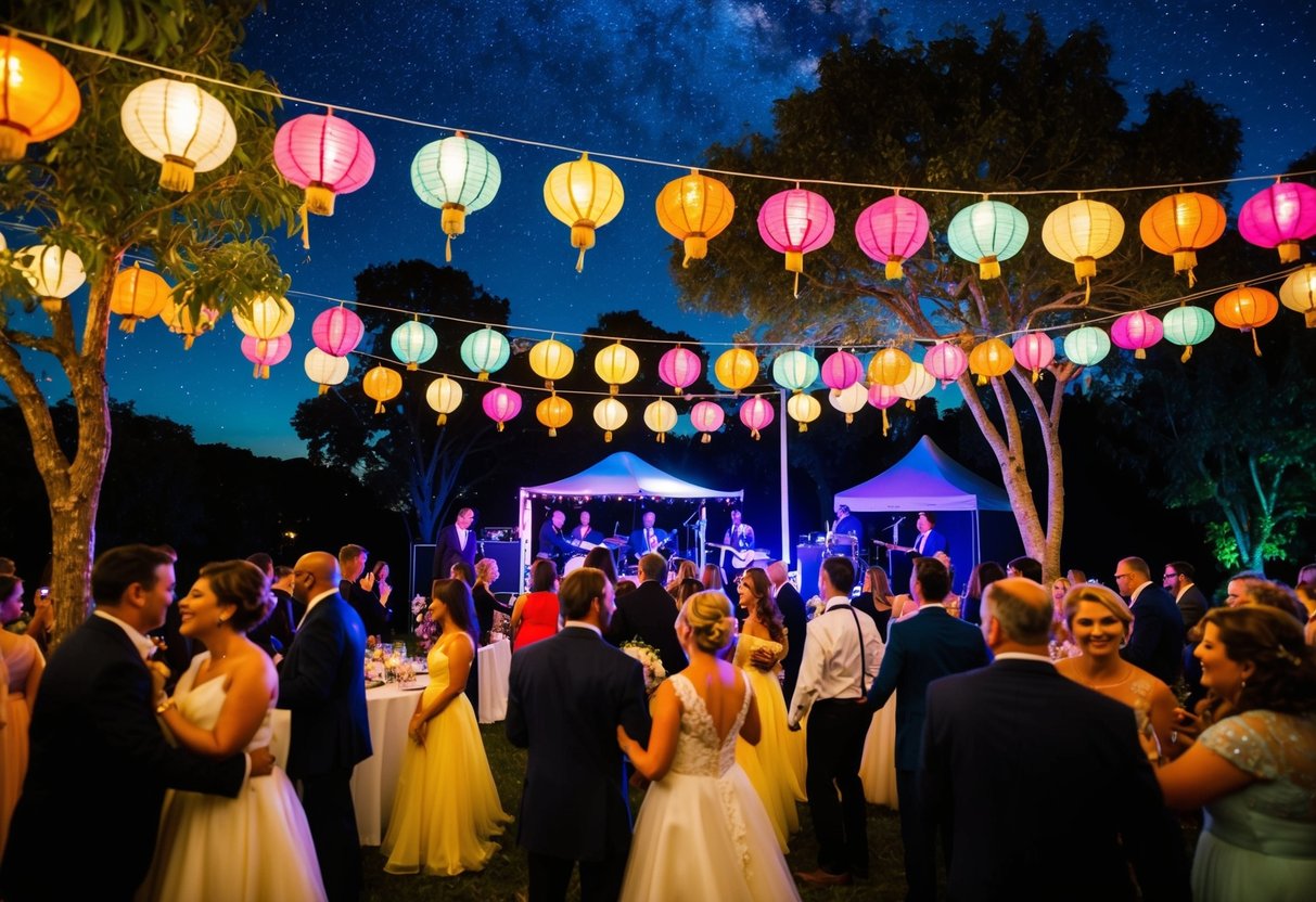 A vibrant, outdoor wedding reception with colorful lanterns hanging from trees, a live band playing on a stage, and guests dancing under the starry night sky