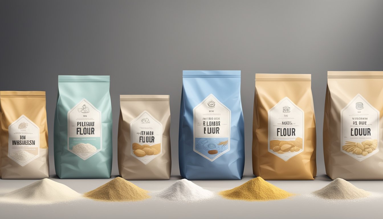 A kitchen counter with various types of flour in labeled bags