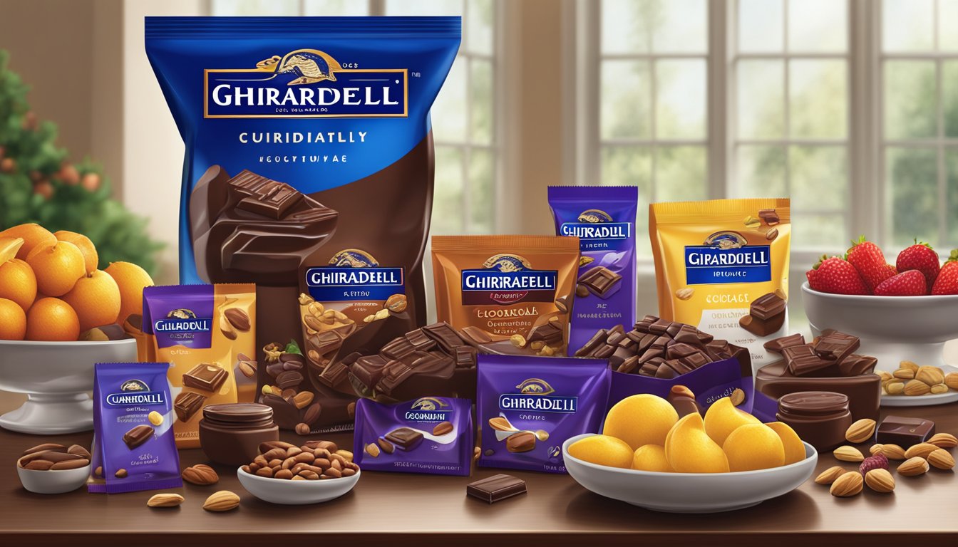 A table with a variety of Ghirardelli and Cadbury chocolate products displayed side by side, surrounded by fresh fruits and nuts