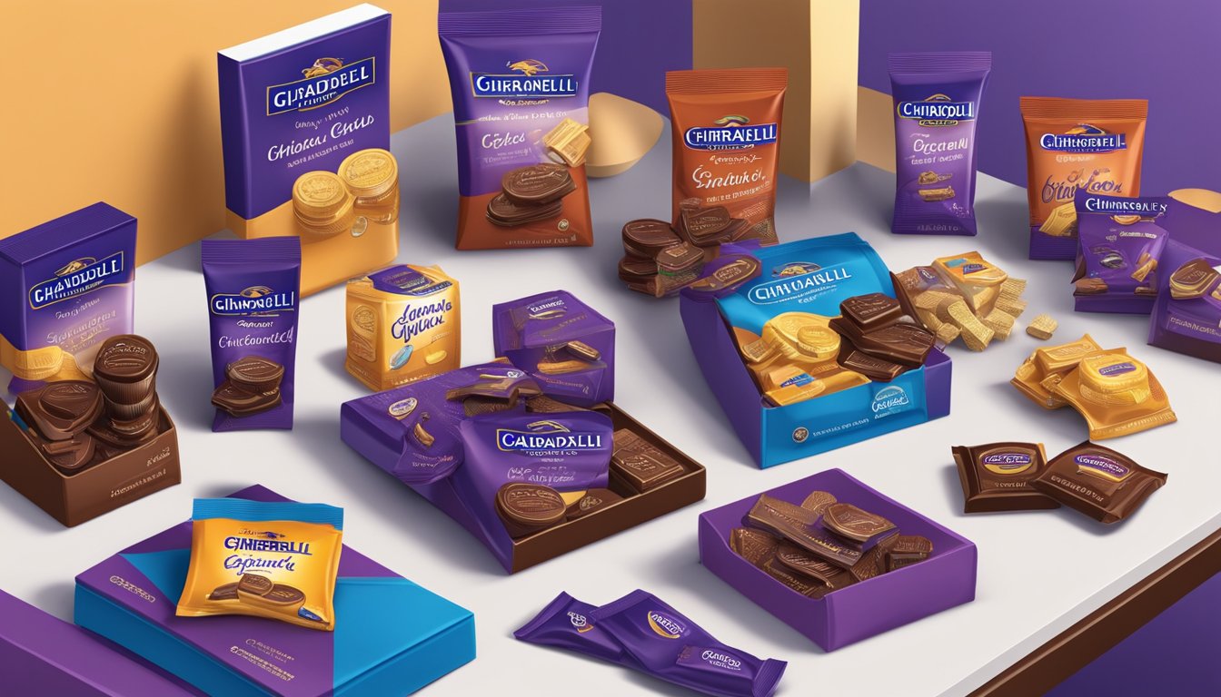 A table with a variety of ghirardelli and cadbury products arranged in an appealing manner, surrounded by colorful branding materials and packaging