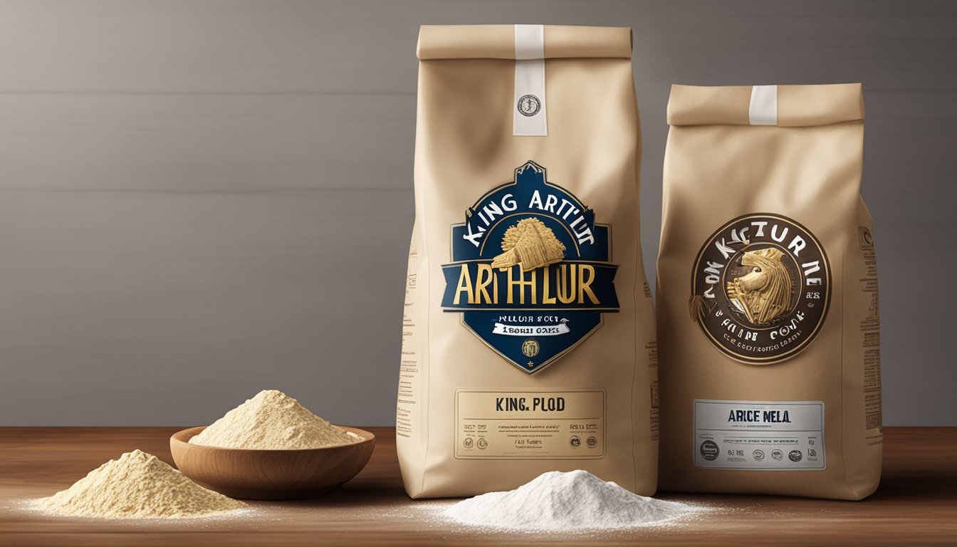 Two bags of flour, one labeled "King Arthur Flour" and the other "Gold Medal," sit side by side on a wooden table, surrounded by baking utensils and ingredients