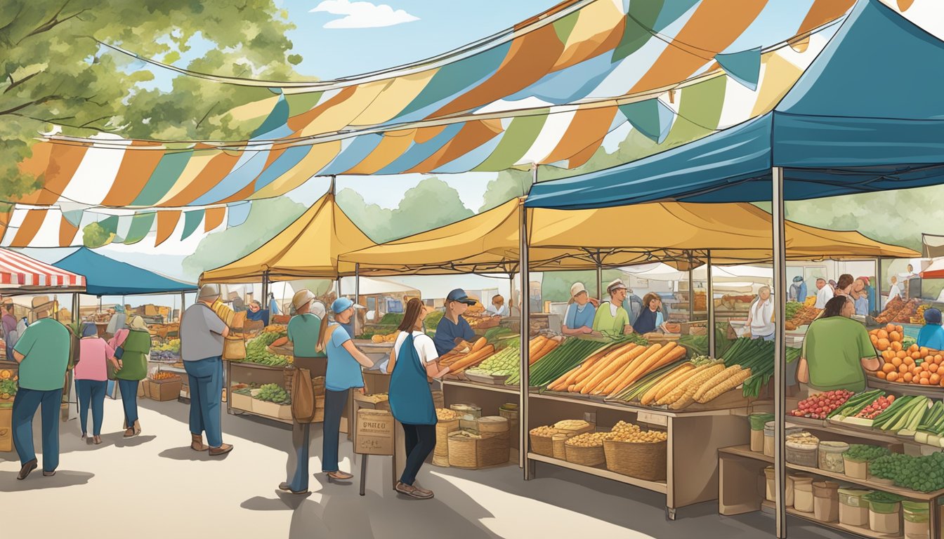 A bustling farmer's market with booths for King Arthur Flour and Gold Medal, displaying their products and engaging with customers