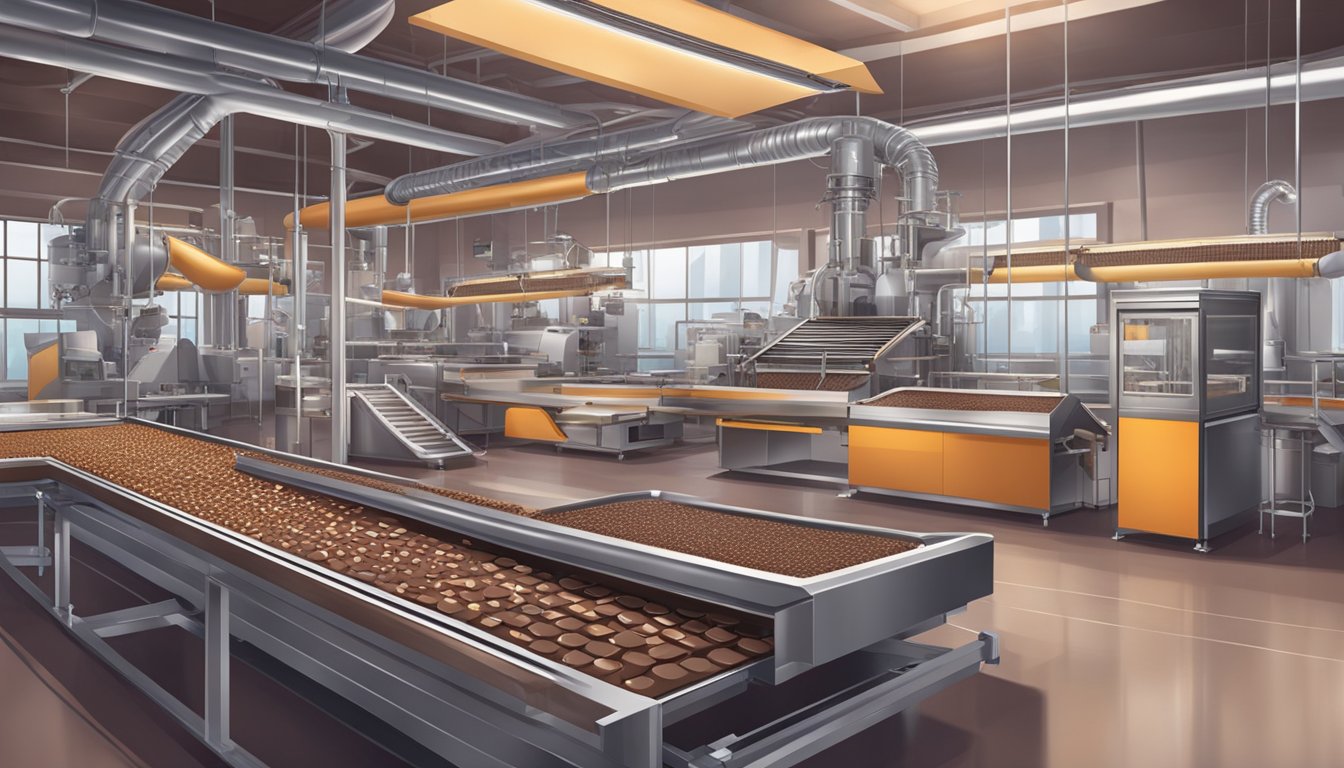 A futuristic chocolate factory with advanced machinery and conveyor belts, producing innovative and trendsetting chocolate products