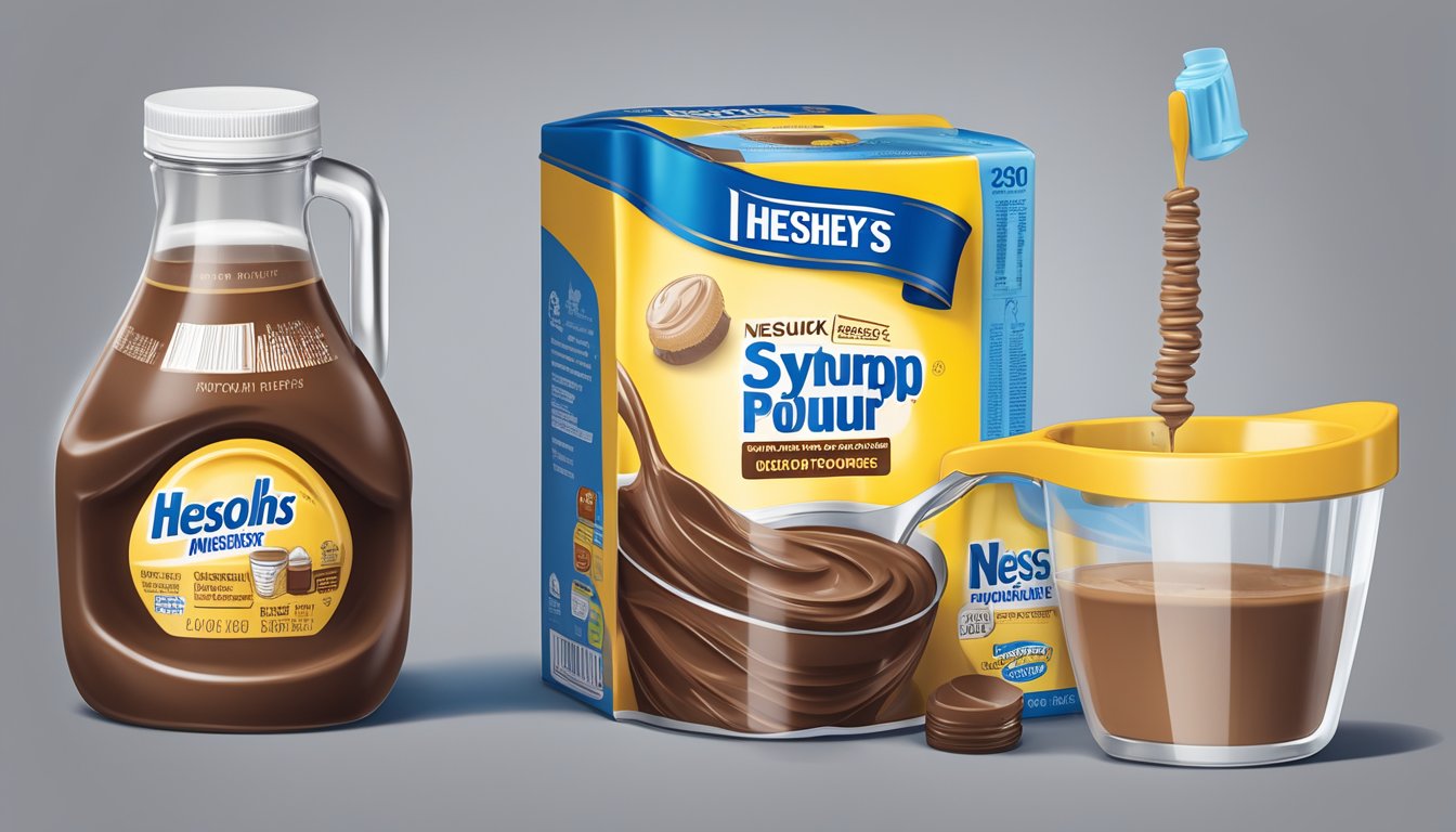 A bottle of Hershey's syrup and Nesquik powder next to a measuring cup and nutrition labels