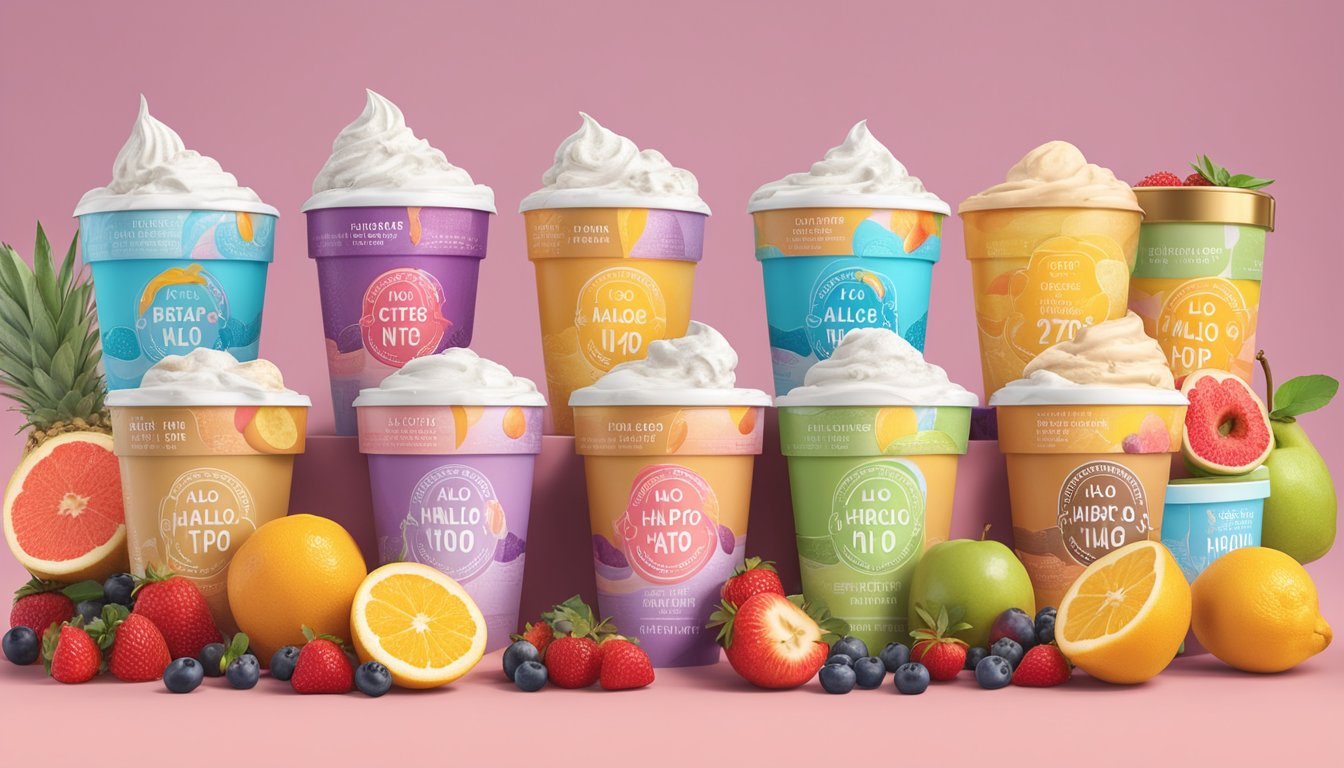 A colorful display of Halo Top and Enlightened ice cream pints, surrounded by fresh fruit and nutrition labels