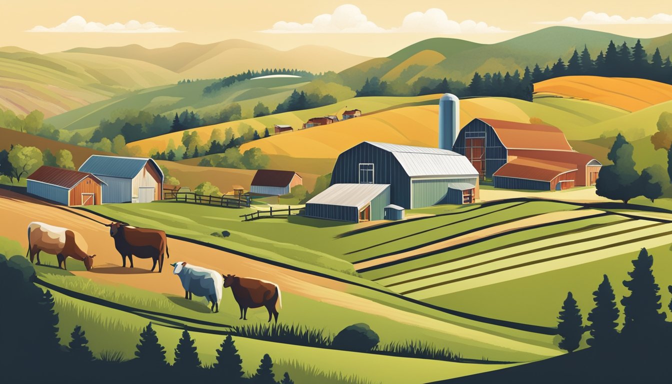 A farm with rolling hills and grazing animals, contrasted with a modern factory producing high-quality deli meats