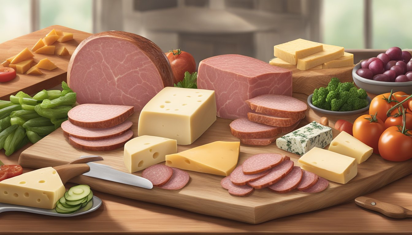 A spread of deli meats and cheeses from Applegate Farms and Boar's Head displayed on a wooden cutting board with fresh vegetables and condiments