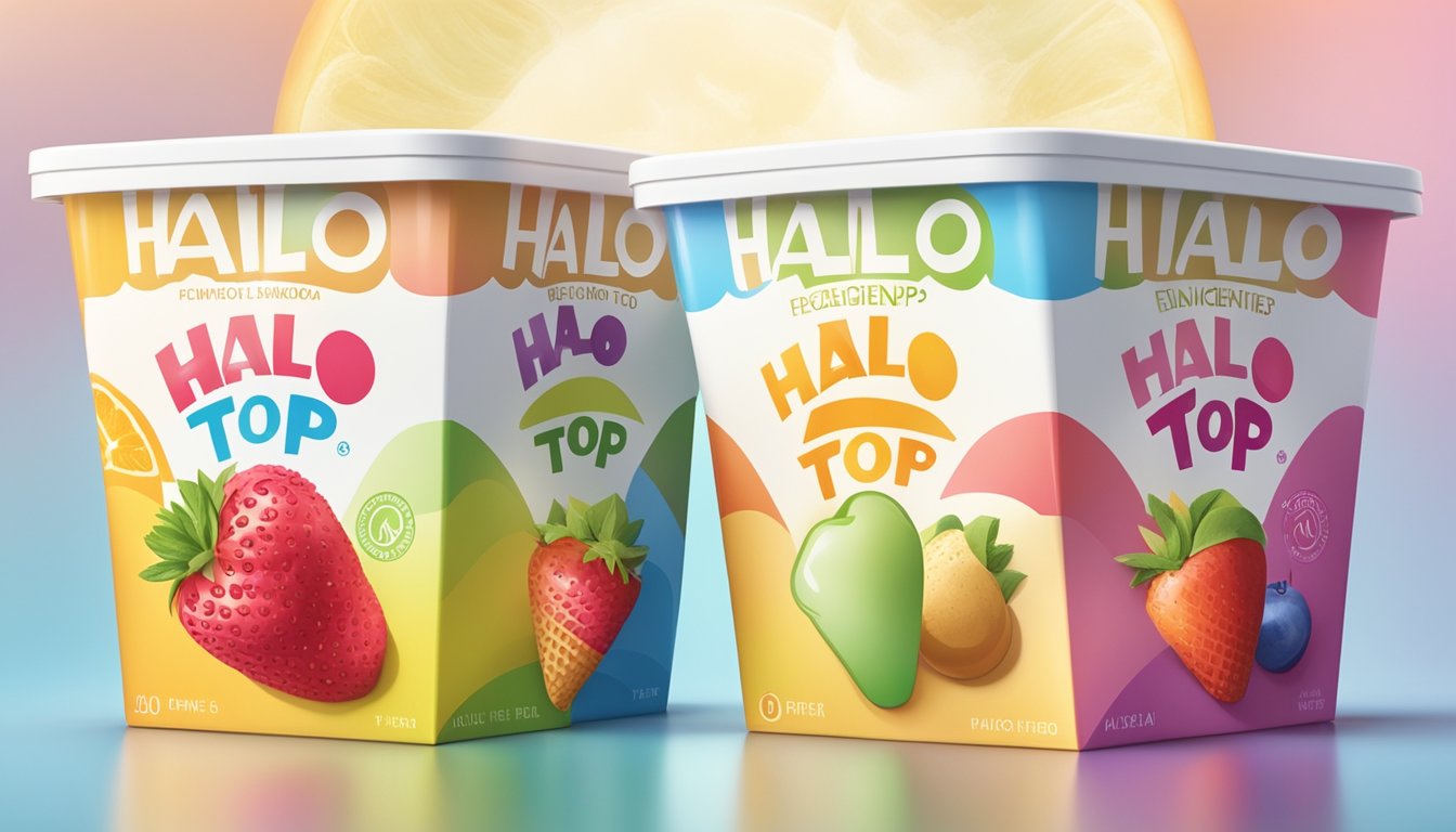 Two ice cream cartons side by side, one labeled "Halo Top" and the other "Enlightened," surrounded by colorful fruits and a bright spotlight