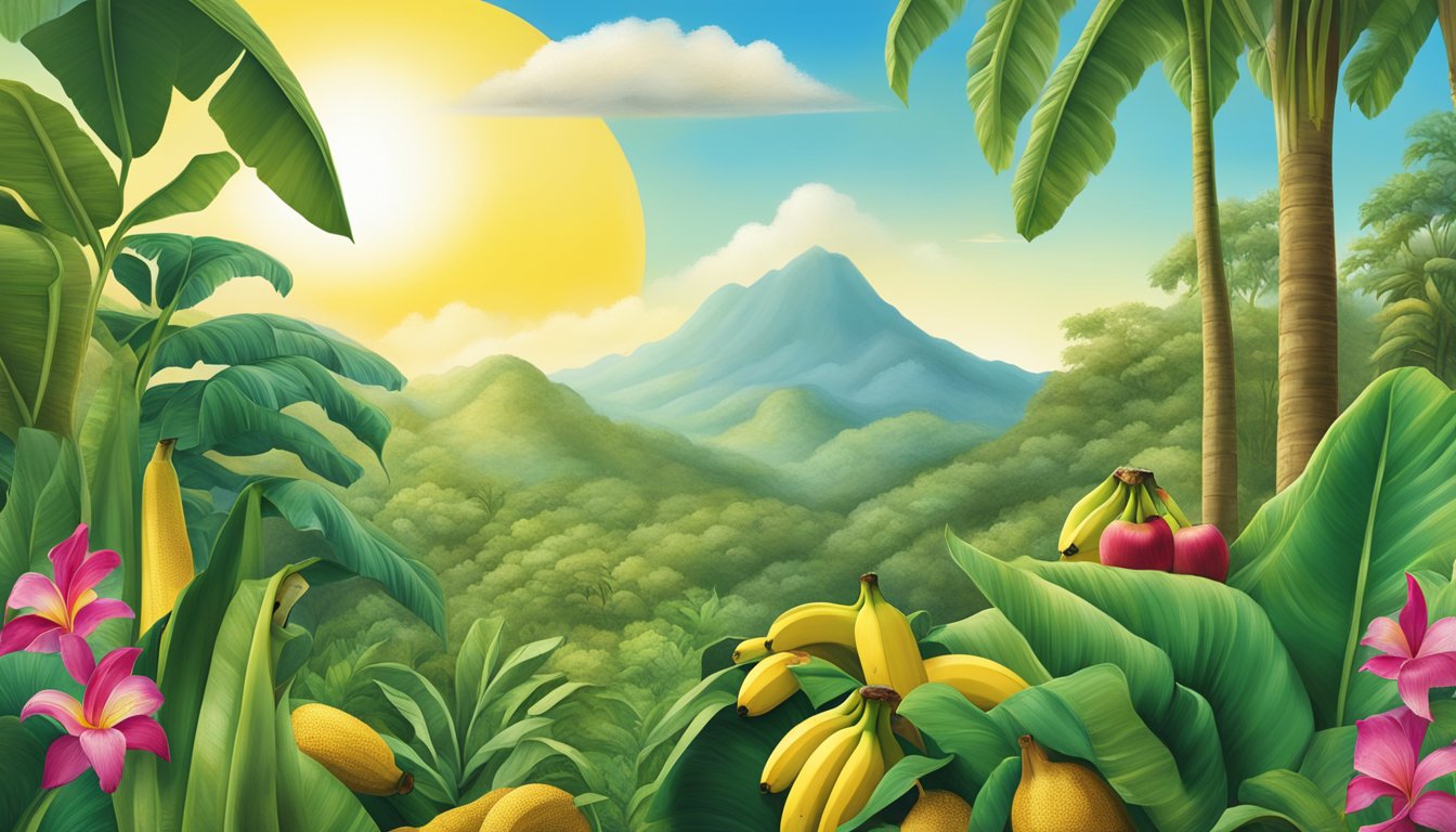 A lush tropical landscape with vibrant banana plants and fruit, showcasing the contrast between the Dole and Chiquita brand profiles