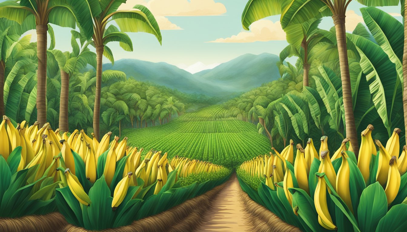 A lush tropical landscape with rows of banana trees, some bearing Dole and others bearing Chiquita brand bananas