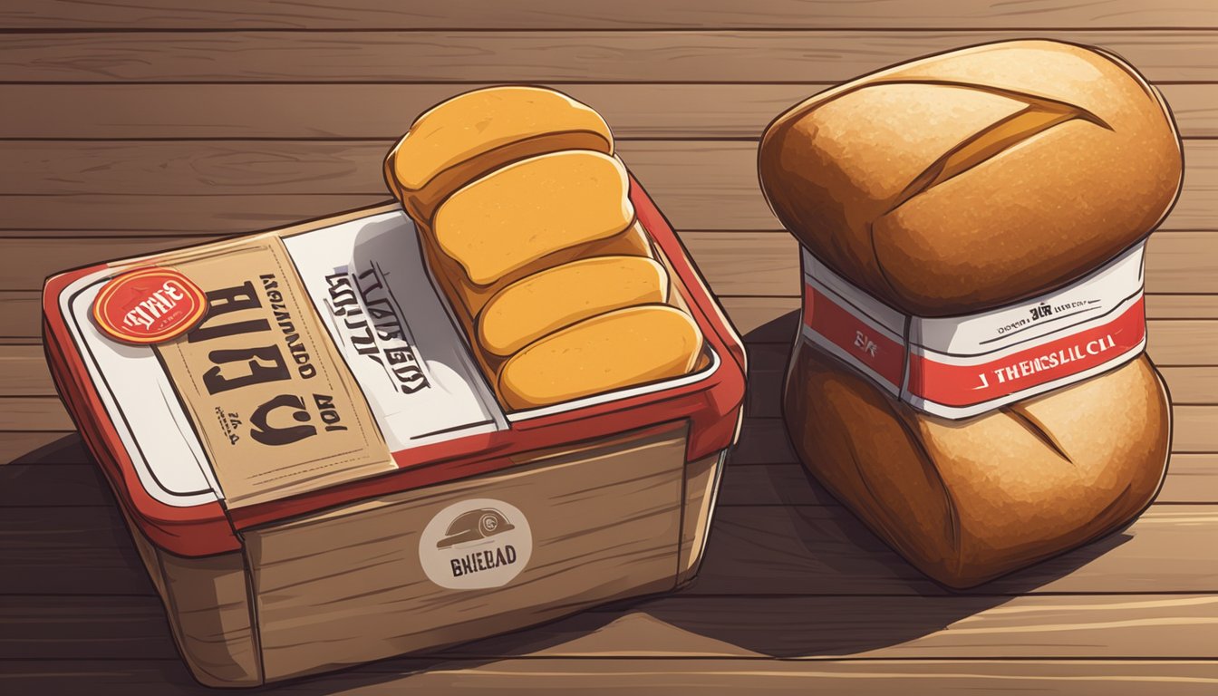 Two loaves of bread, one with a red and white label, the other with a black and yellow label, sit side by side on a wooden table