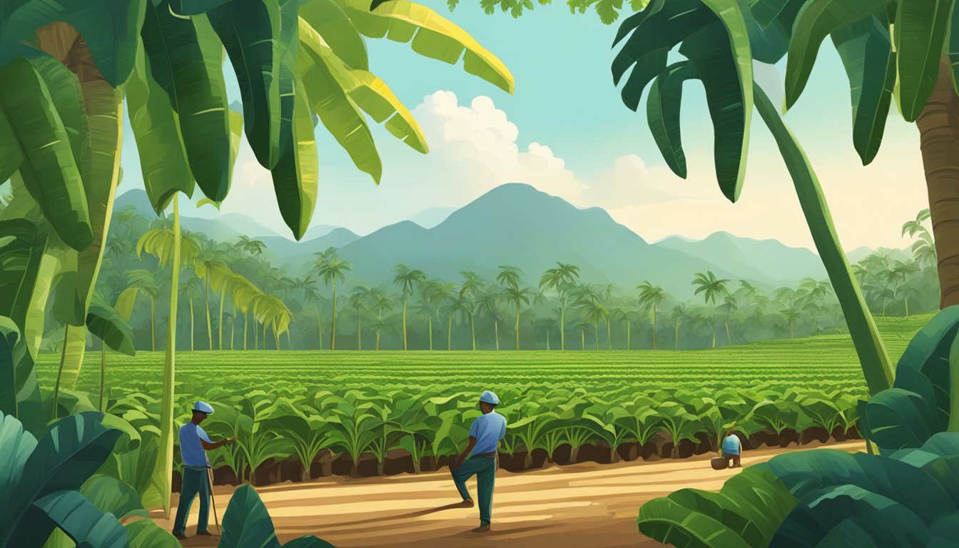 A lush tropical landscape with banana plantations stretching across the horizon, with workers tending to the fruit