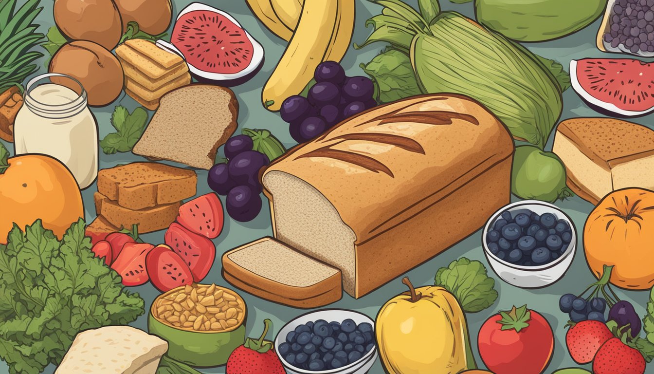 Two loaves of bread, one labeled "Franz" and the other "Dave's Killer Bread," surrounded by various fruits, vegetables, and nutritional supplements