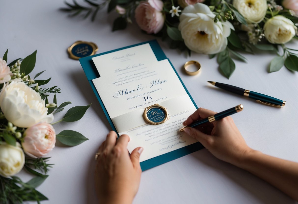 A wedding invitation being opened with a decorative seal and elegant paper, surrounded by floral decorations and a pen ready to write