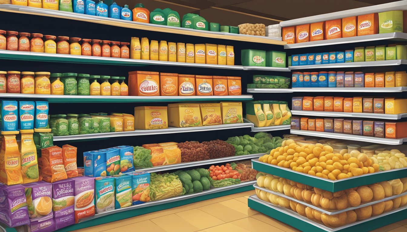 A colorful display of DeLallo and Cento brand products arranged on a shelf in a grocery store