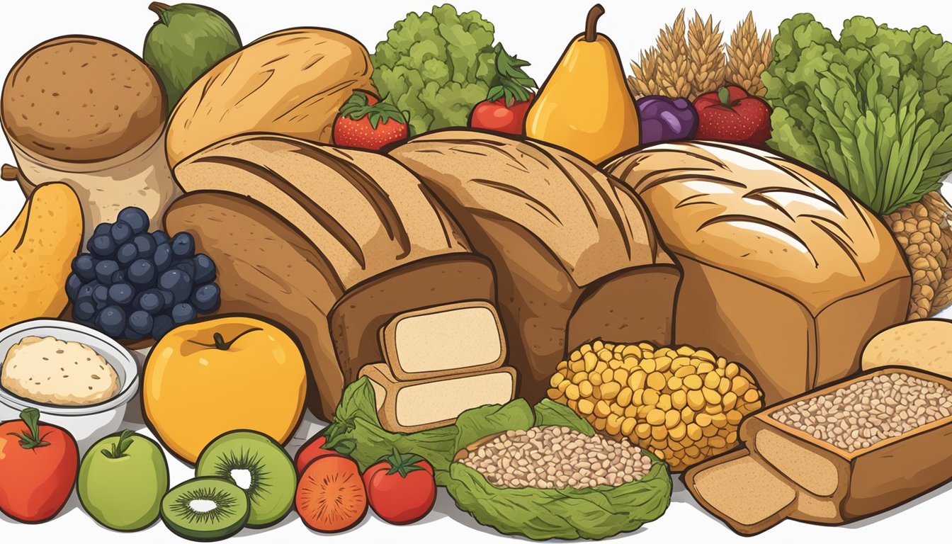 Two loaves of bread surrounded by various food items, including fruits, vegetables, and grains, with a nutrition label and dietary information displayed prominently