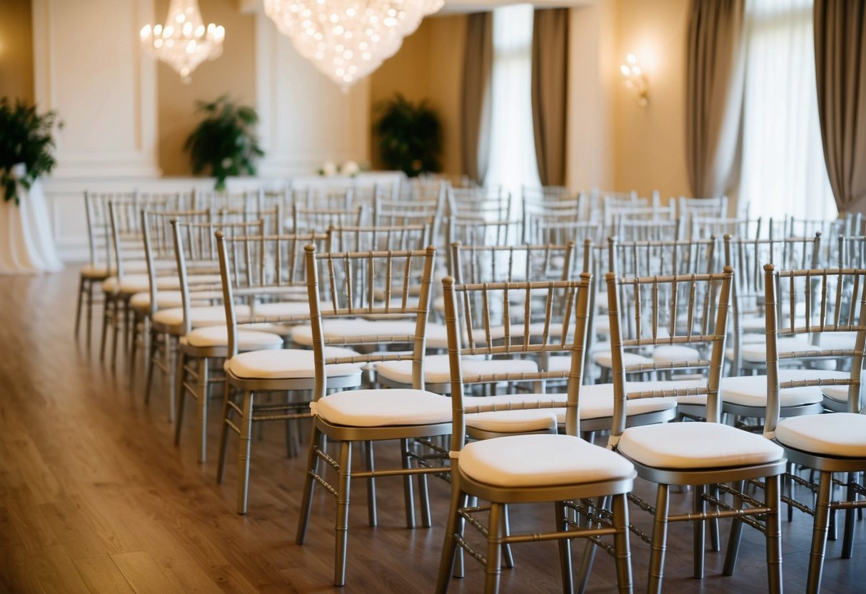 A beautifully decorated wedding venue with rows of empty chairs set up for a large number of guests