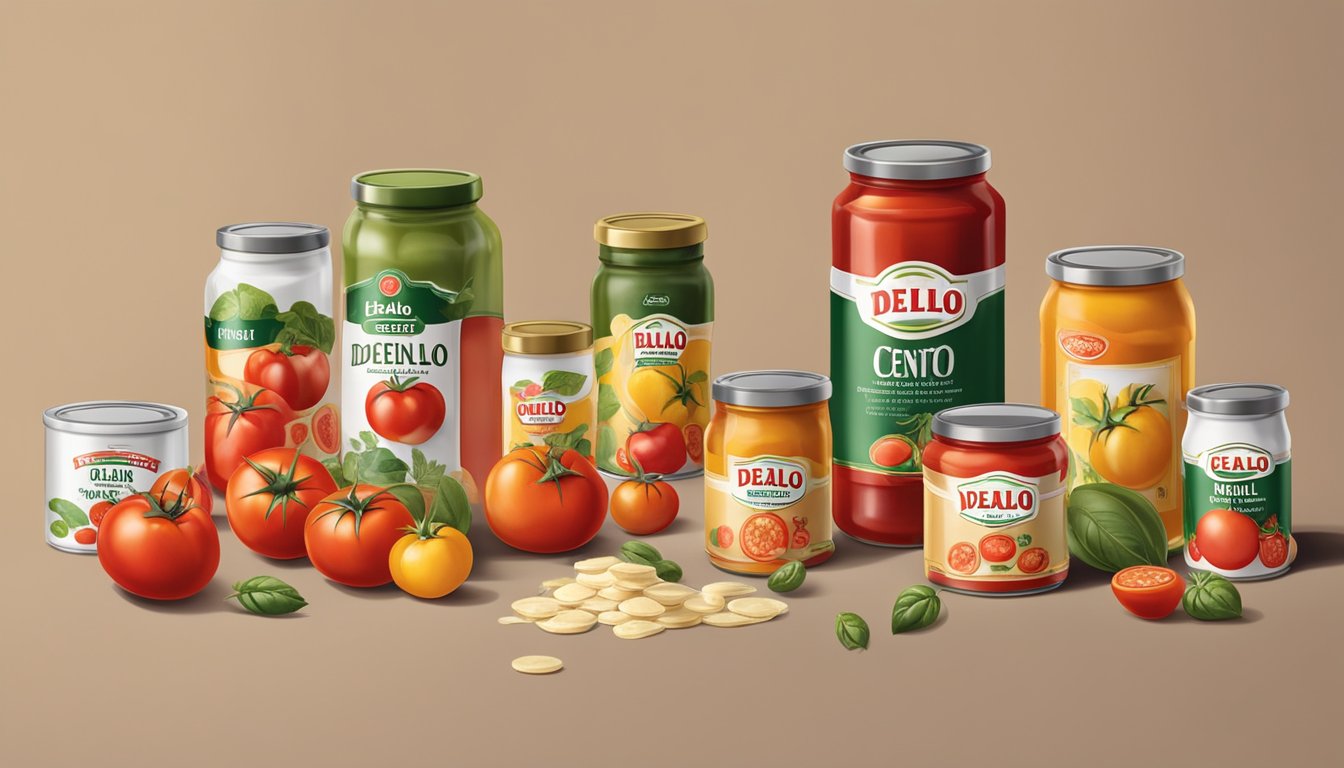 A table with various tomato products from DeLallo and Cento arranged for comparison, with open cans, jars, and packaging