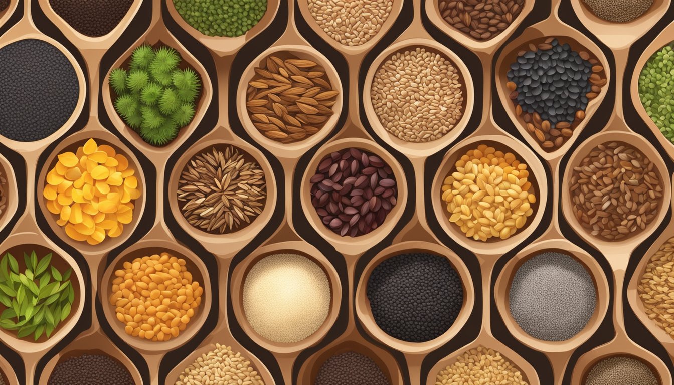 A variety of grains and seeds are scattered on a wooden table, including flax seeds, chia seeds, and whole grains, creating a visually appealing display