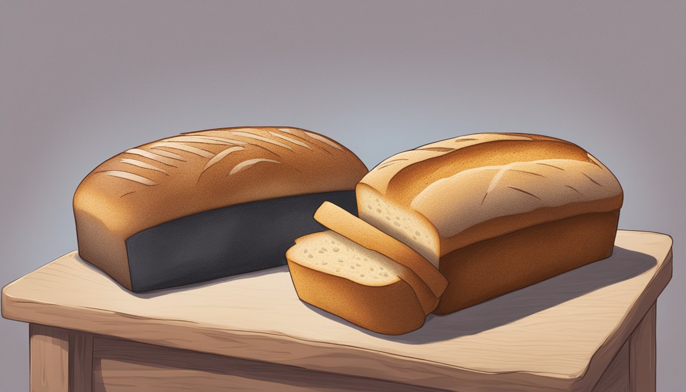 Two loaves of bread side by side, one labeled "Franz" and the other "Dave's Killer Bread." The Franz loaf appears softer and lighter in color, while the Dave's Killer Bread loaf looks denser and darker in color