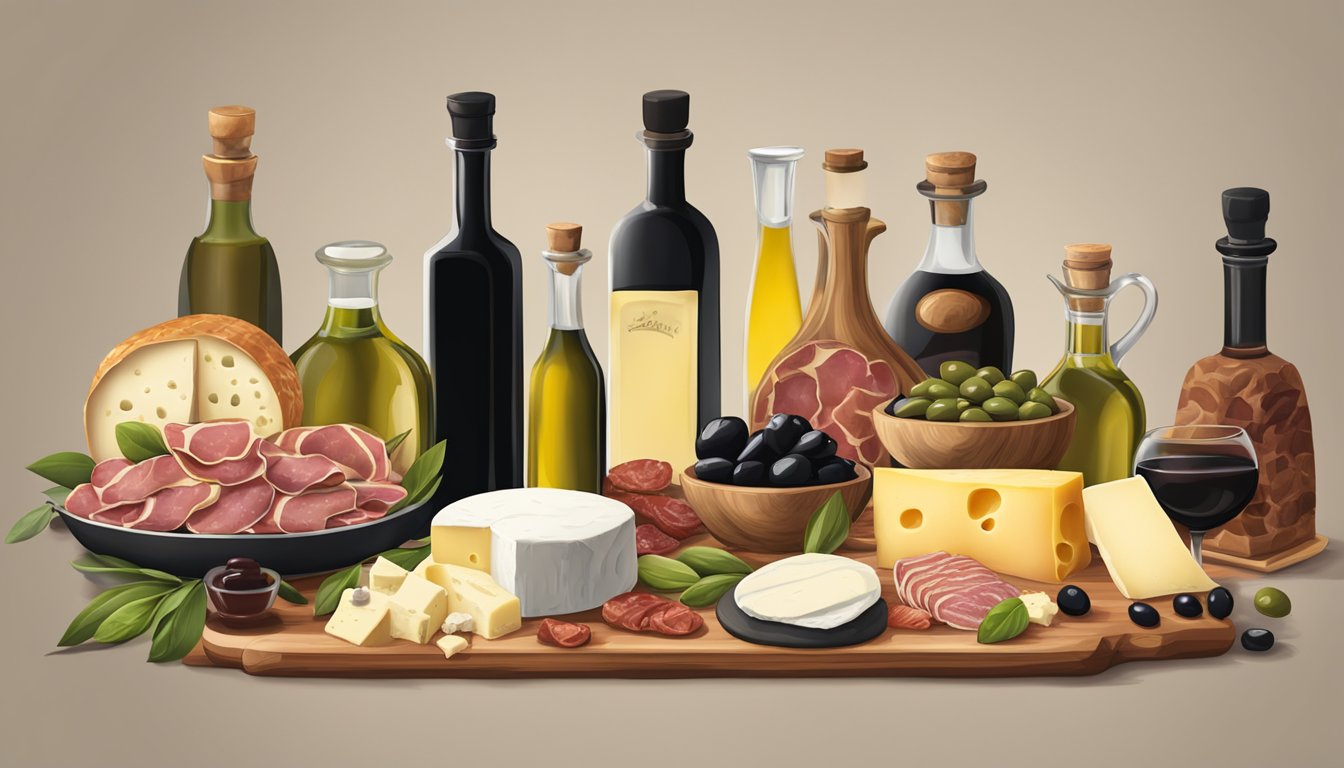 A table with a variety of olives, cheeses, and cured meats, surrounded by bottles of olive oil and balsamic vinegar