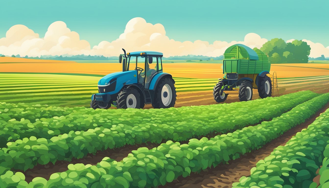 Lush green fields with rows of crops stretching into the distance, under a bright blue sky. A farmer tends to the plants with care, while a tractor sits nearby