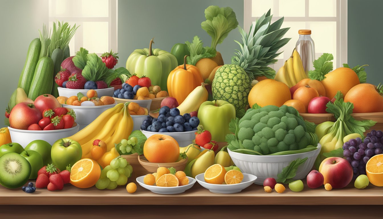 A table with a variety of colorful fruits, vegetables, and packaged food items from the Health and Nutrition brands Delallo and Cento