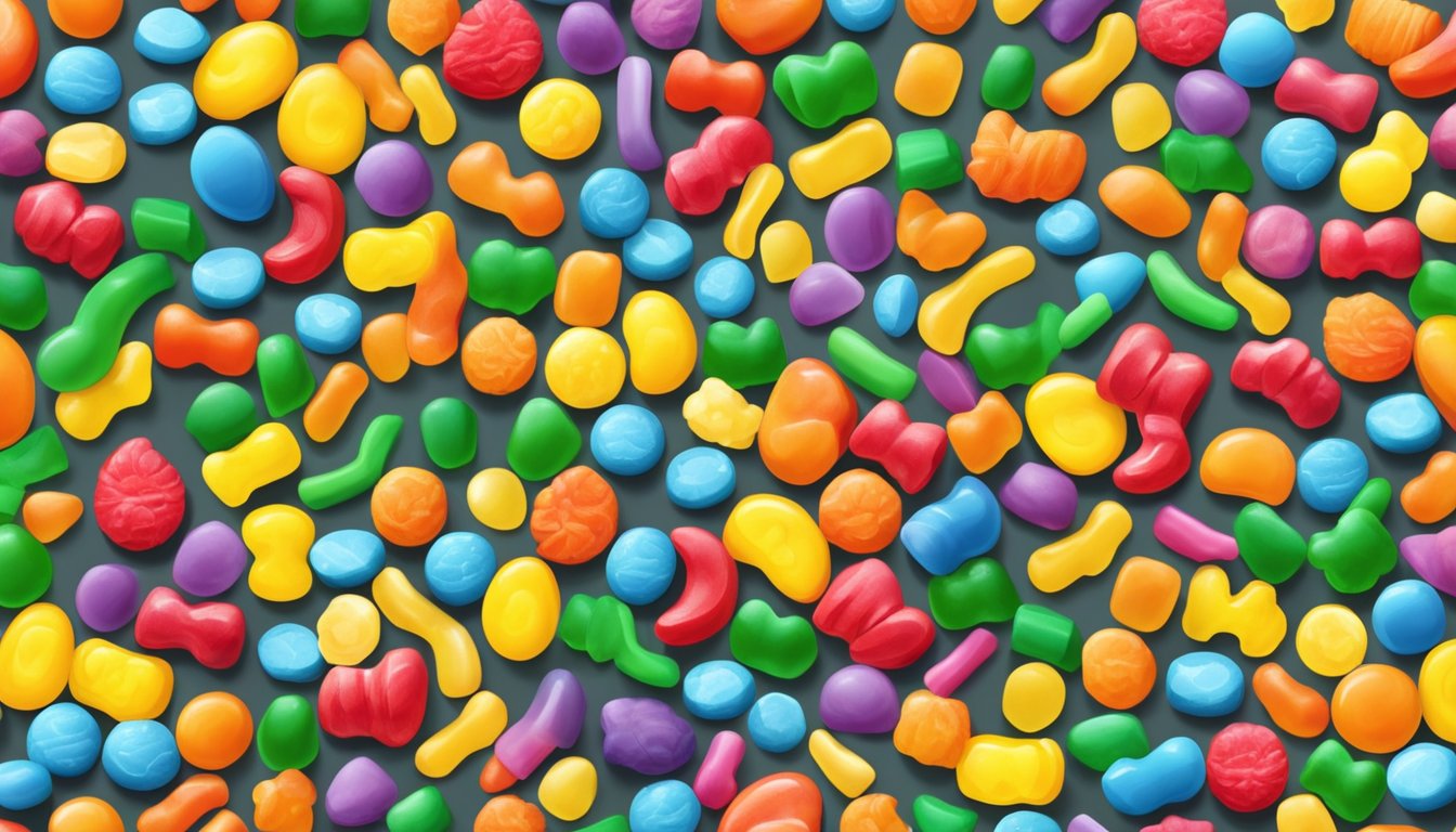 A colorful display of Haribo and Trolli candies in various shapes and sizes, arranged in an enticing and vibrant manner