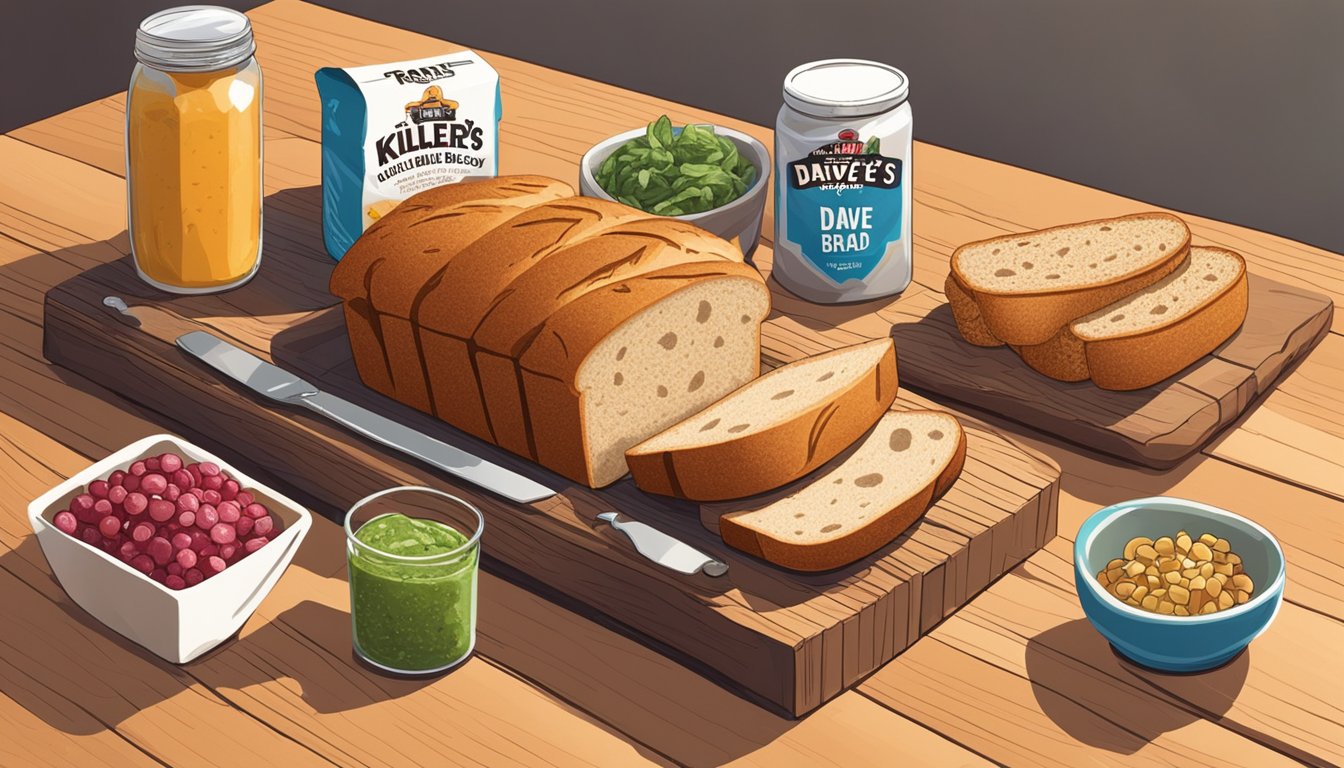 Two loaves of bread, one Franz and one Dave's Killer Bread, displayed on a wooden cutting board with various toppings and spreads surrounding them