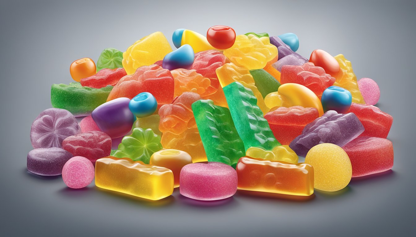 A colorful assortment of gummy candies arranged in a playful and vibrant display, showcasing the different flavor profiles of Haribo and Trolli brands