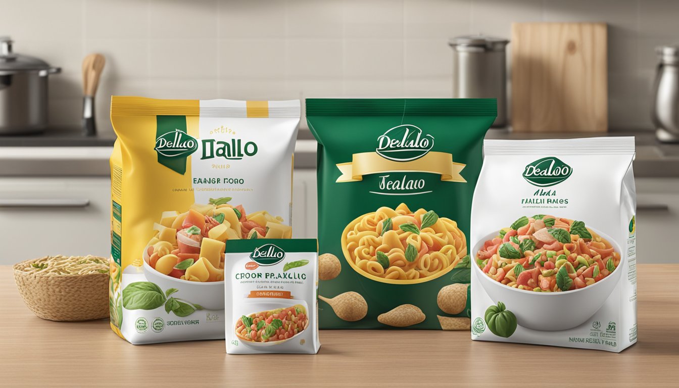 Two branded packages of Italian food products side by side on a kitchen countertop, with one package from Delallo and the other from Cento