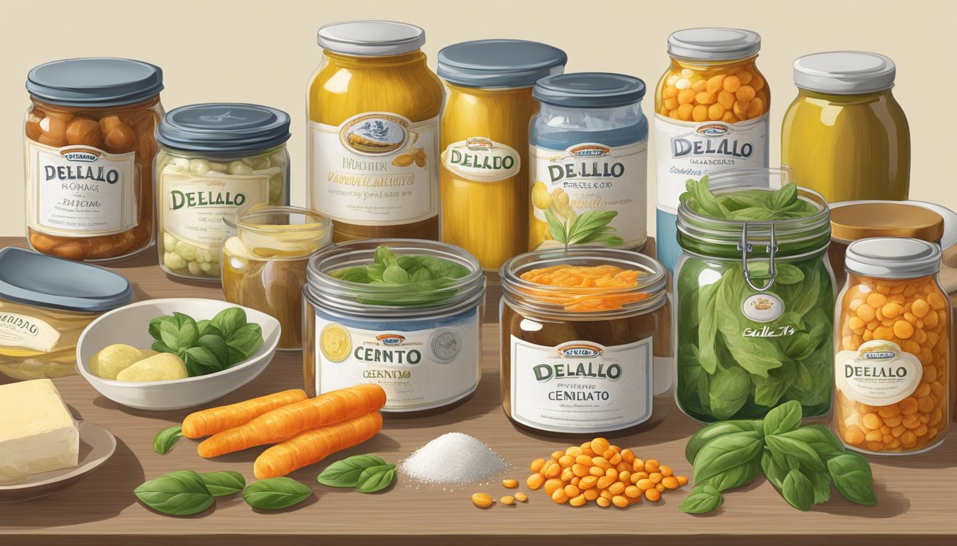 A table with various jars of DeLallo and Cento products, surrounded by measuring spoons and fresh ingredients for a comparative analysis