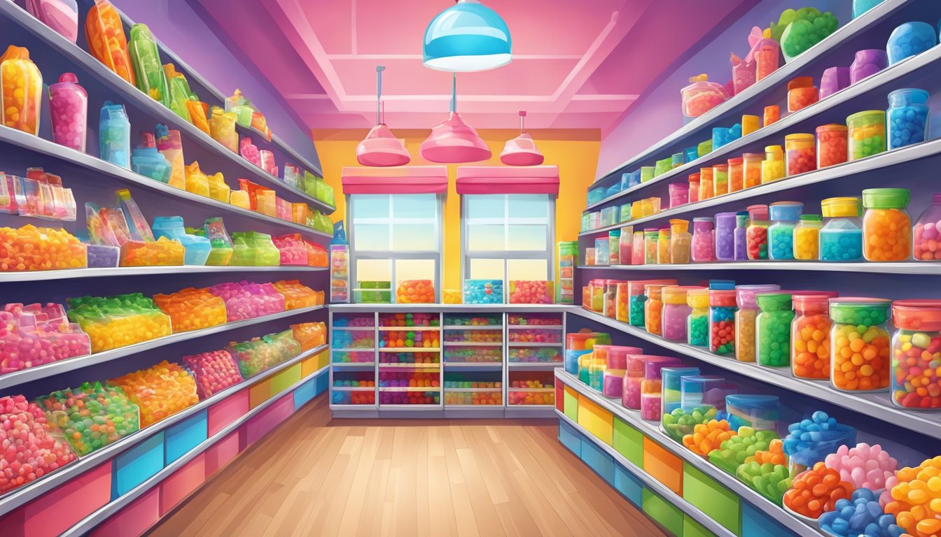 A colorful, lively candy store with shelves stocked with Haribo and Trolli products. Bright packaging and playful mascots draw in customers