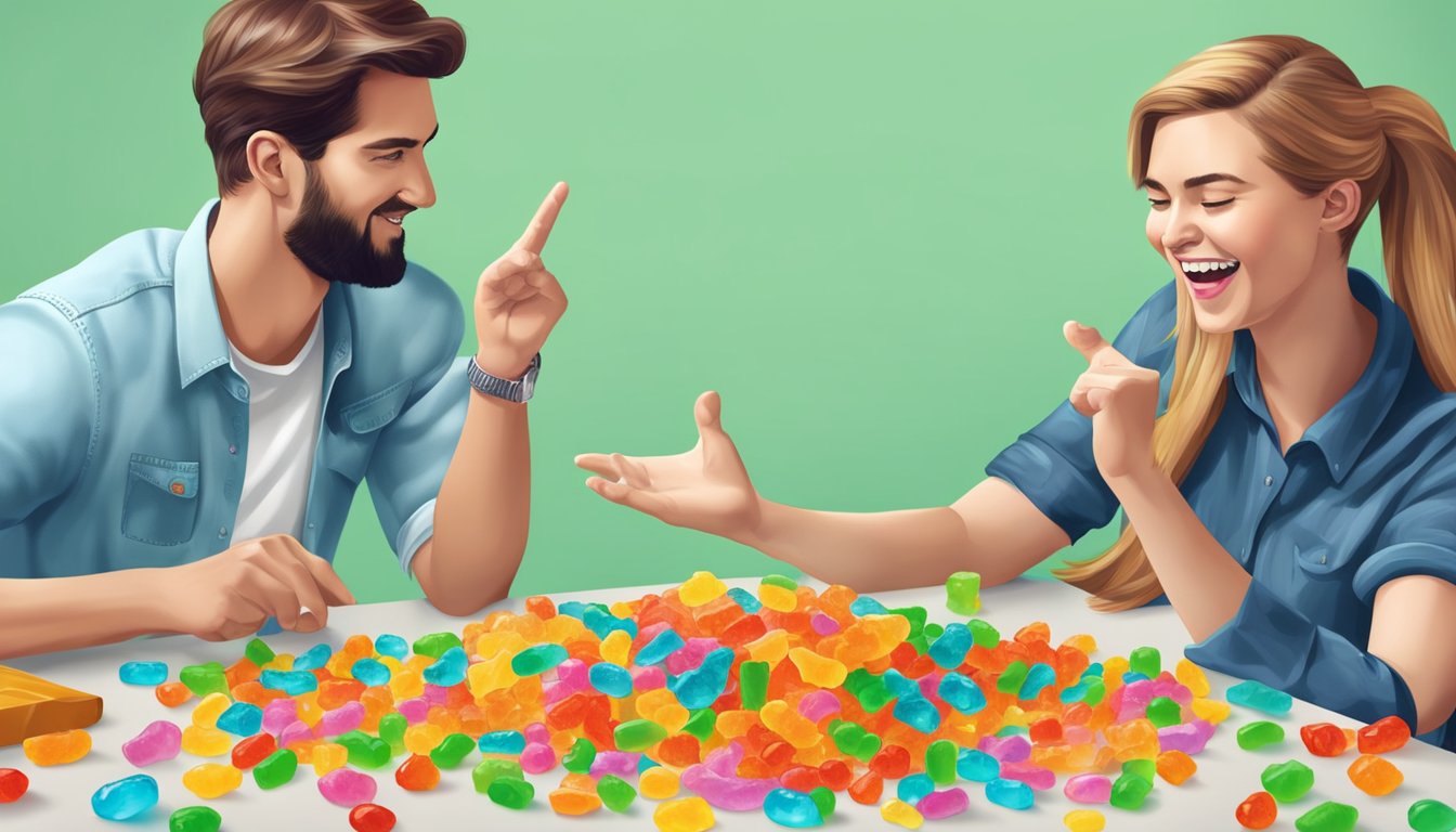 Two tables display colorful Haribo and Trolli gummy candies. A group of people debate and compare the two brands, pointing and gesturing at the sweets