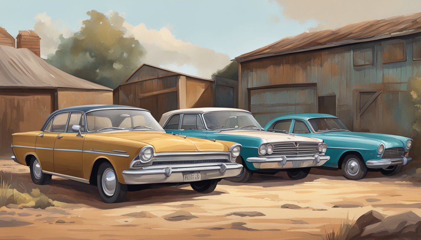 Two vintage cars, a Carr and a Bremner, parked side by side in a dusty old garage. Rust and peeling paint show their age