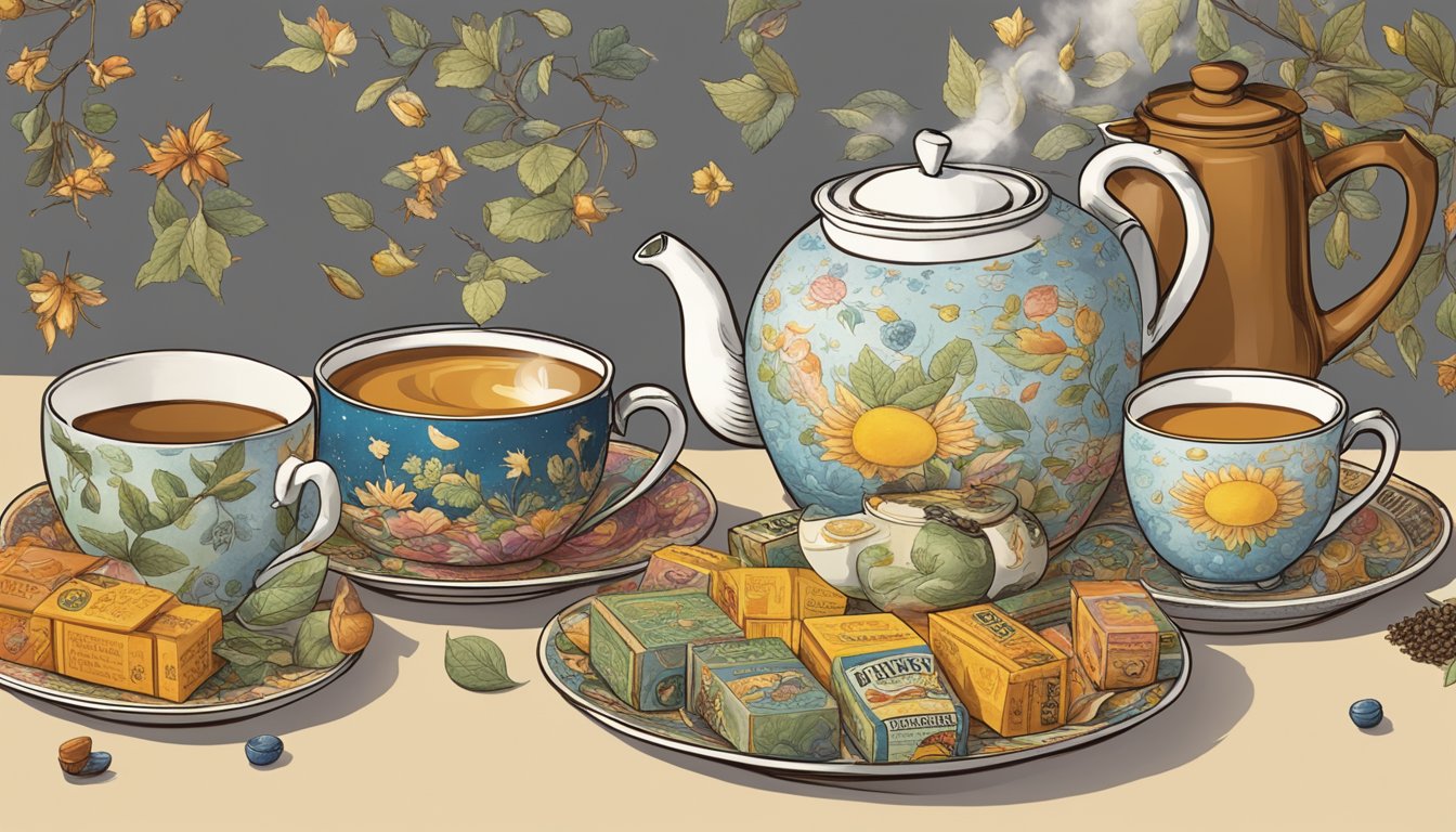 A table with various boxes of Celestial Seasonings and Bigelow tea scattered alongside cups and a teapot