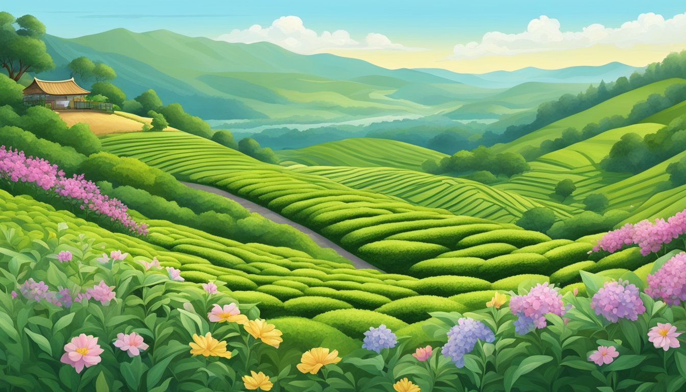 A serene tea garden with vibrant herbs and flowers, surrounded by rolling hills and a clear blue sky