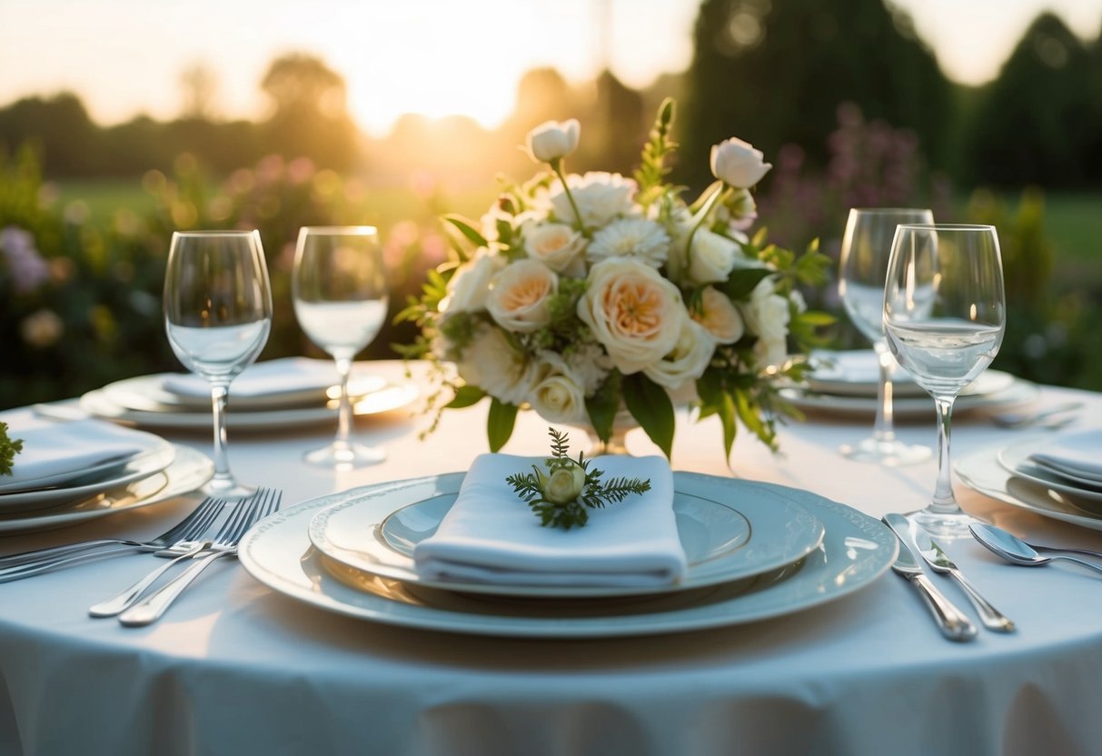 A table set with elegant dishes and flowers, bathed in soft morning light, awaits the newlyweds for their breakfast