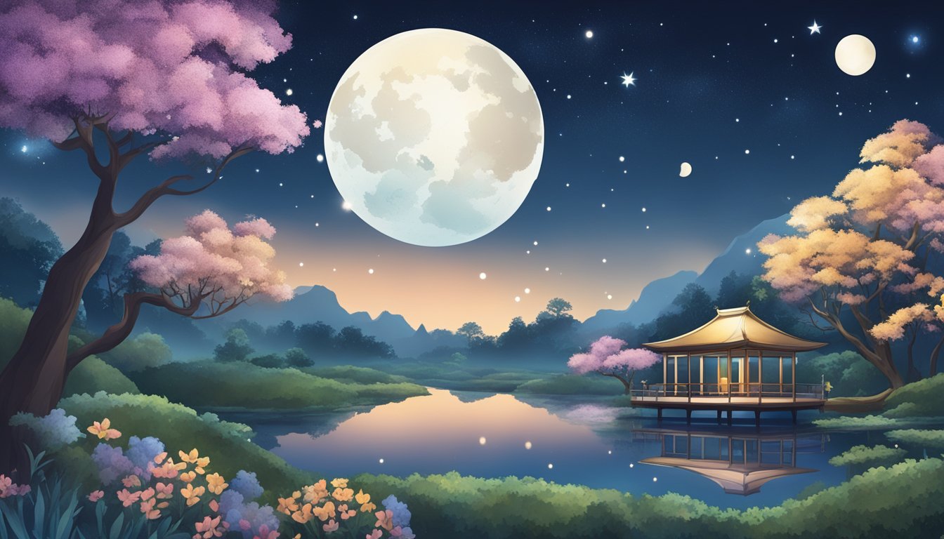 A serene night sky with celestial bodies and a peaceful tea garden