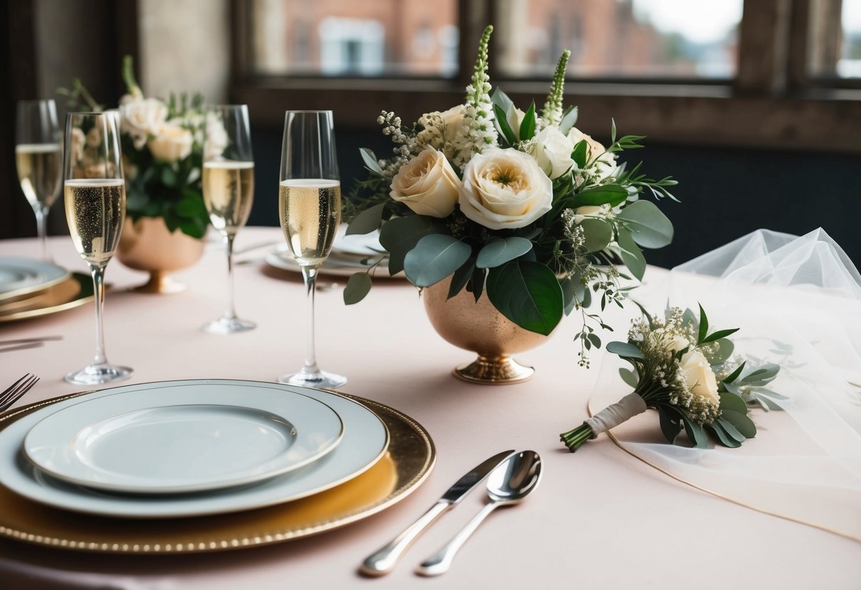 A table set with elegant dishes, flowers, and champagne flutes. A bride's veil and a groom's boutonniere laid out on a nearby surface