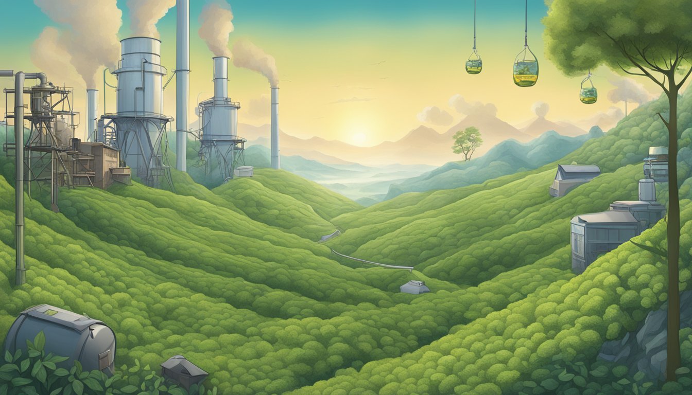 A serene forest with celestial seasonings tea leaves growing alongside a polluted, industrial landscape with bigelow tea packaging waste