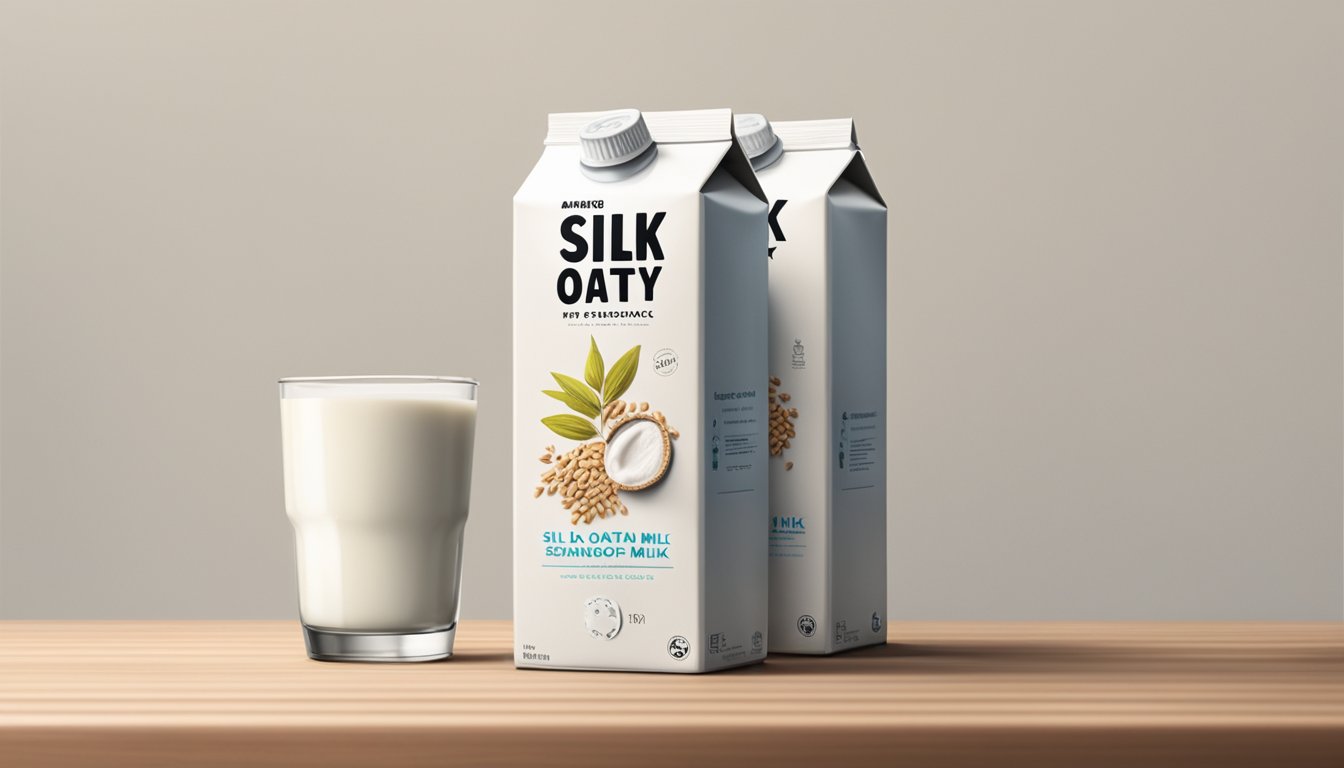 Two cartons of Silk and Oatly milk placed side by side on a wooden table with a white backdrop