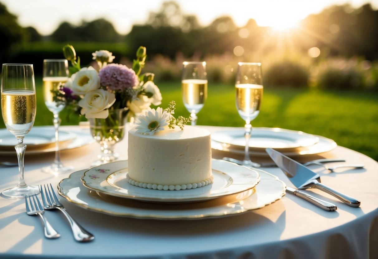 Morning sunlight illuminates a table set with delicate china and fresh flowers. A small, elegant cake sits in the center, surrounded by champagne flutes and a silver cake cutter
