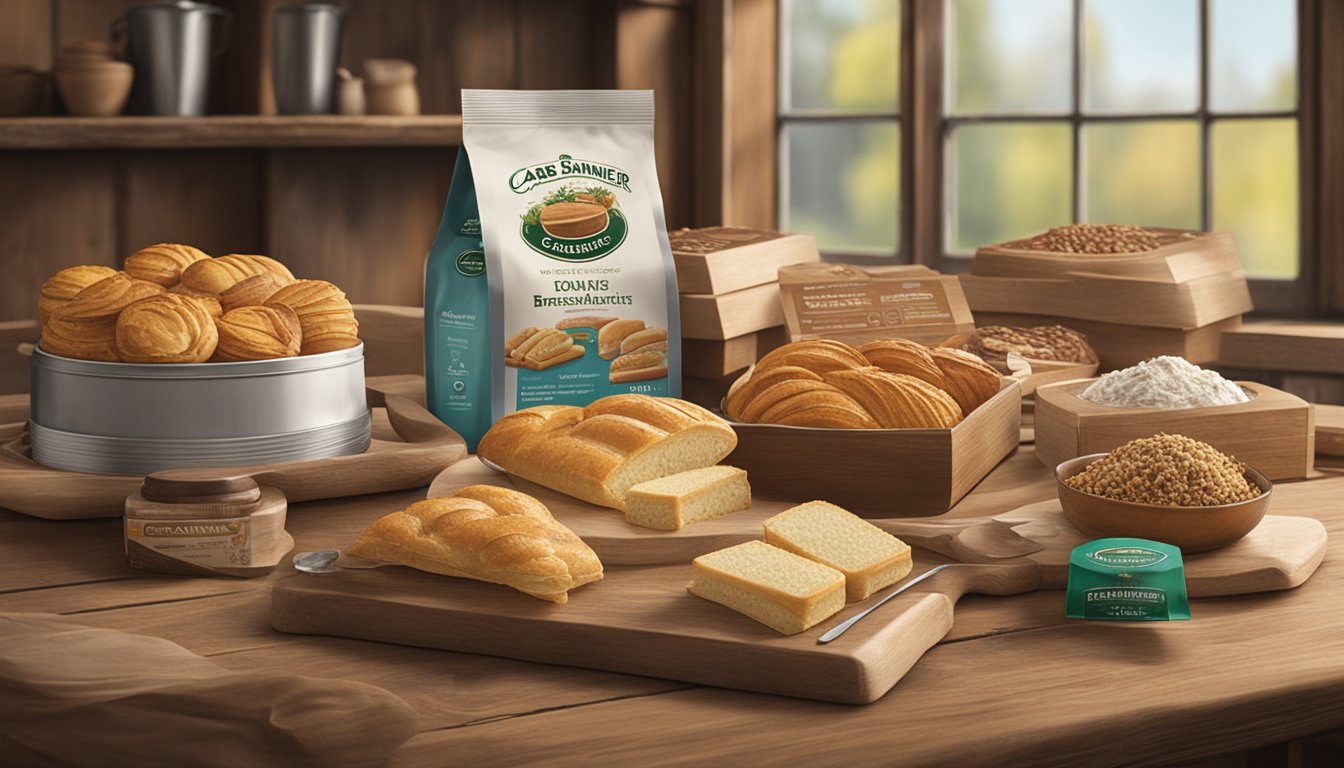 A display of Carrs and Bremner product offerings on a wooden table in a rustic bakery setting