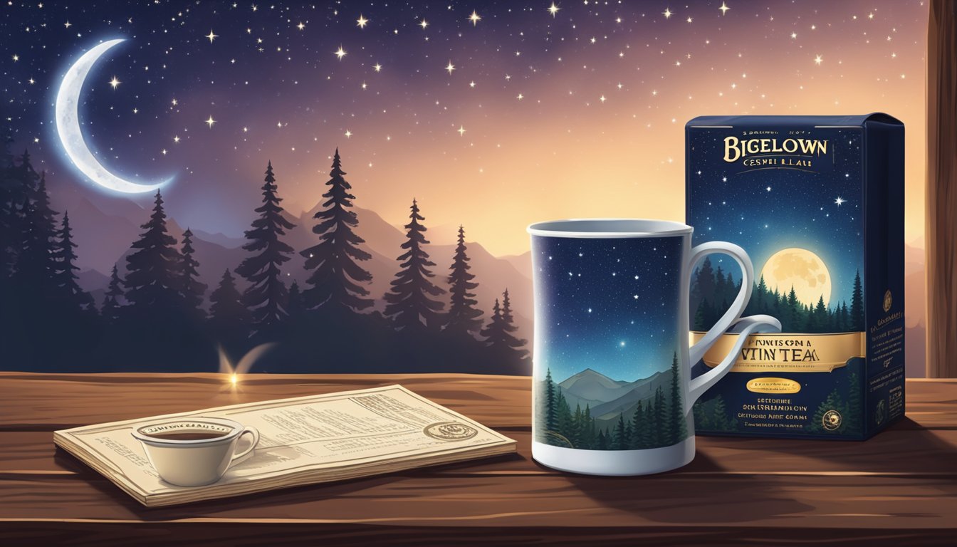 A serene night sky with a crescent moon and twinkling stars. A cup of celestial seasonings tea sits next to a box of bigelow tea on a rustic wooden table