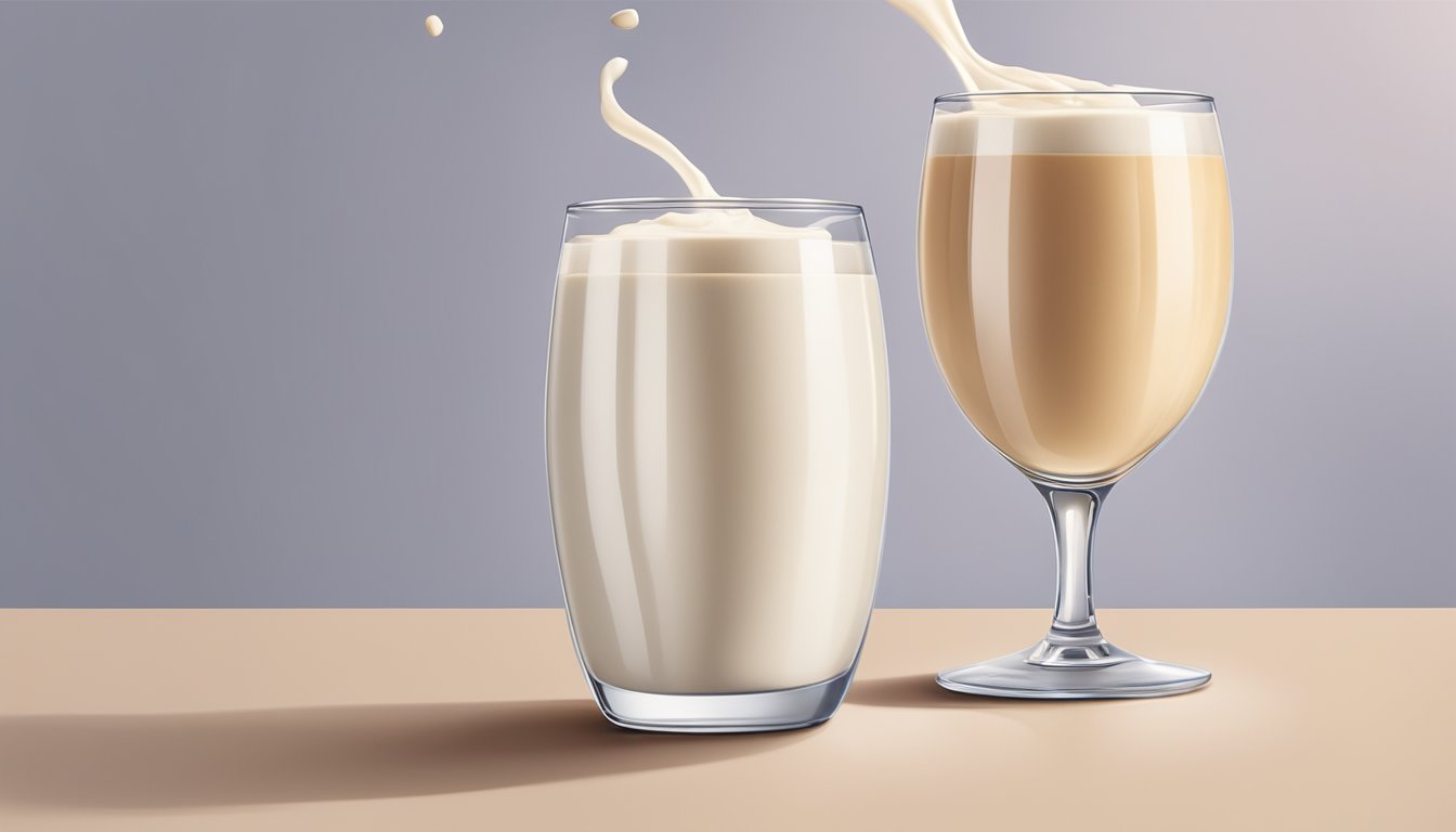 A close-up of two glasses, one filled with creamy oat milk and the other with silky smooth dairy milk, set against a neutral background