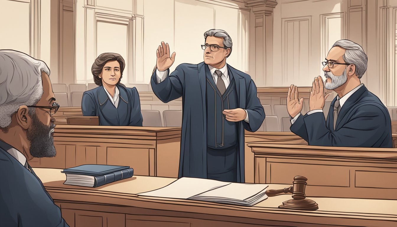 A courtroom scene with two opposing lawyers presenting arguments to a judge