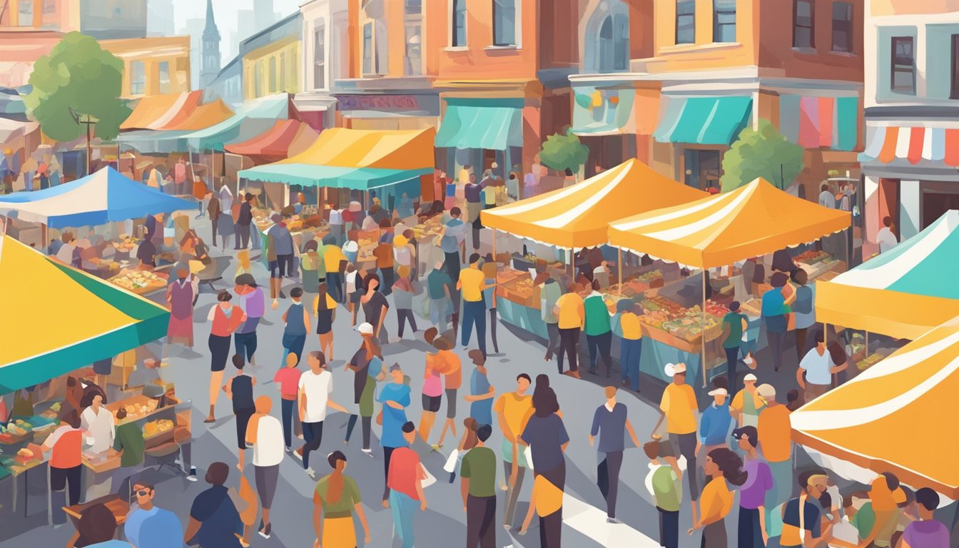 A bustling street fair with food stalls, live music, and community booths, surrounded by colorful banners and lively crowds