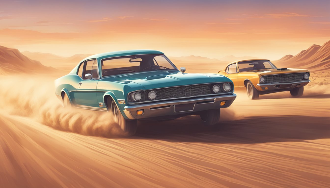 Two vintage cars racing on a desert road at sunset, kicking up dust and leaving tire tracks behind